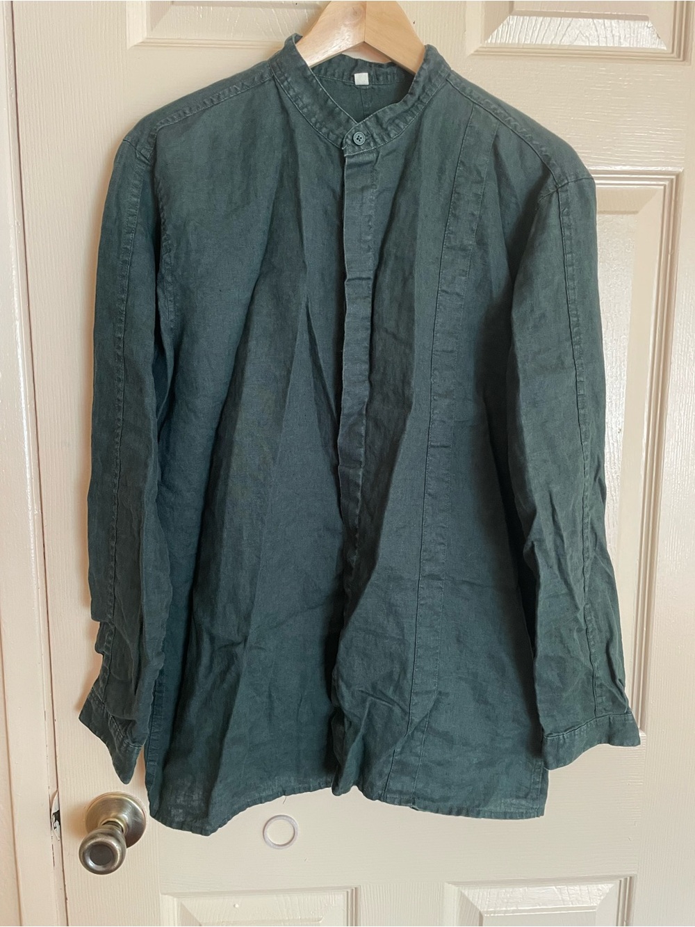 Forest Green linen Stand-Collar Shirt